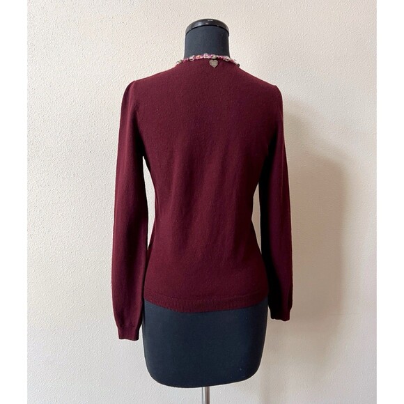 Vintage Italian Wool Cardigan Sweater Medium Burgundy Beaded Trim Flower Brooch - Picture 5 of 6